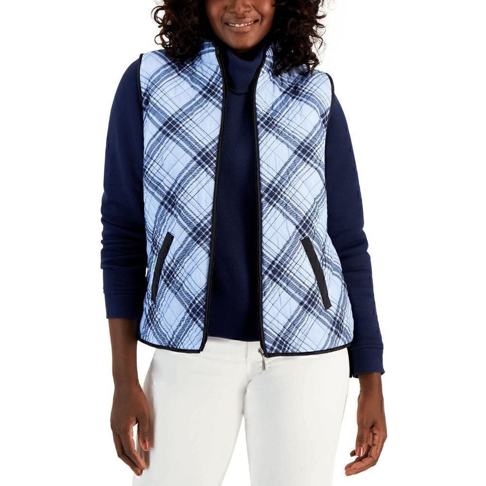 💙 NWT KAREN SCOTT Plaid Puffer Quilted Lightweight Vest SIZE L MSRP $47 - Picture 2 of 13